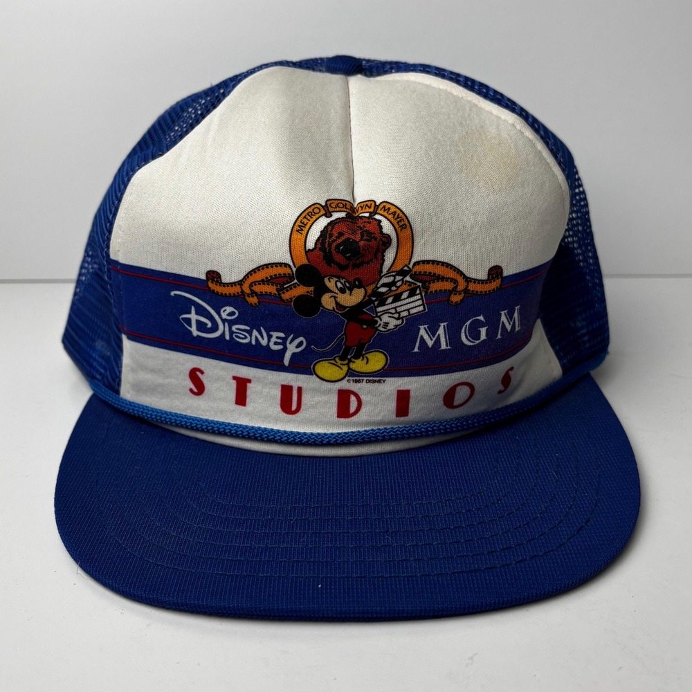Vintage Walt Disney Studios Mgm 1980s Trucker Hat Snapback Mesh Blue White